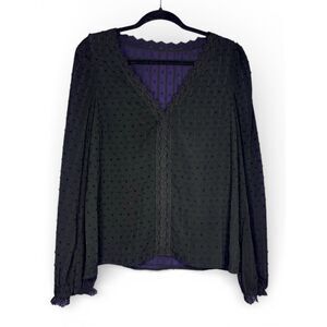 Womens Black Sheer Whimsygoth Ruffle Long Sleeve Blouse Fairy Grunge Swiss Dot M
